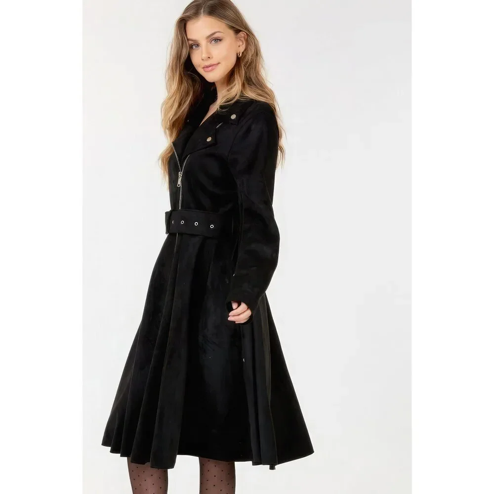 Waist Belt Tacked Faux Suede Coat Solid Coat - Picture 3 of 3